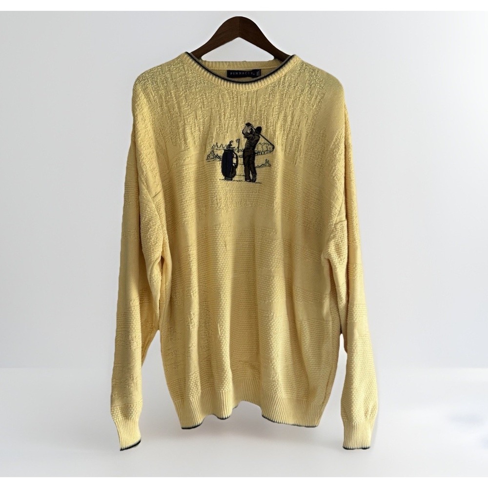 Vtg Pinnacle Sweater Men XXL Embroidered Golf Crewneck Grandpa Texture Yellow